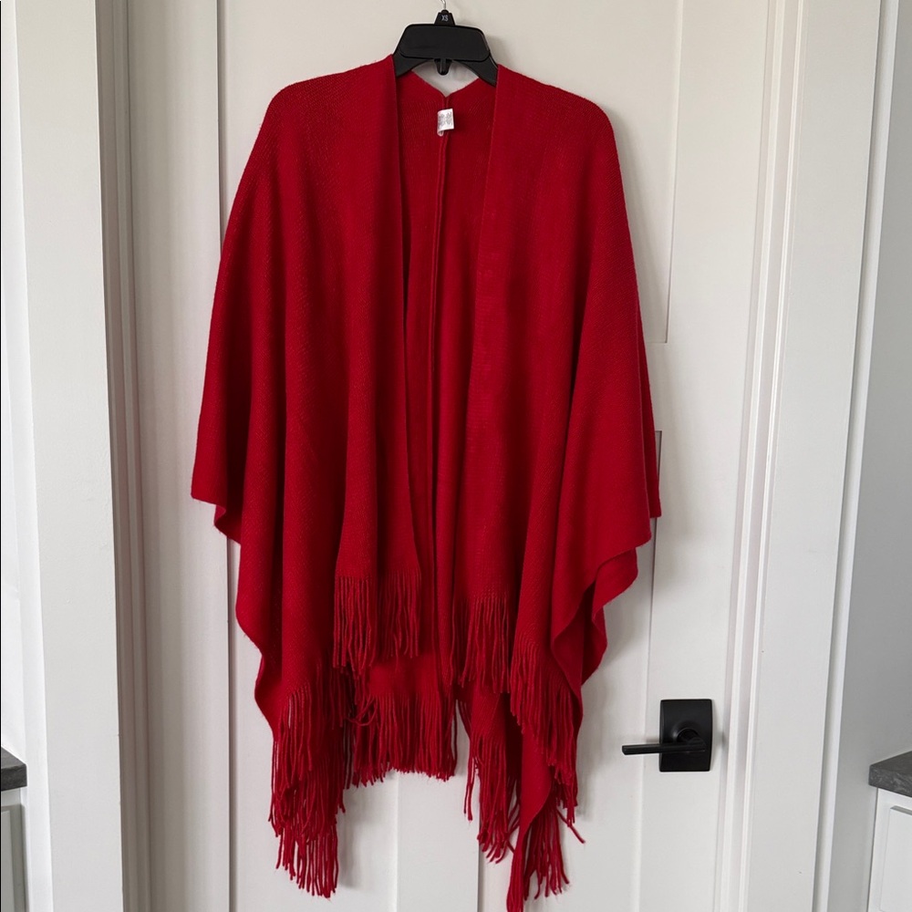 Worthington Bright Red Knit Poncho with Fringe